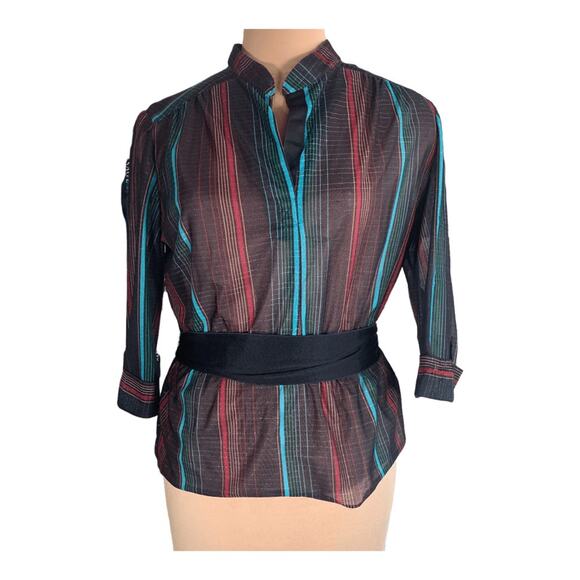 Vintage 80s Striped Sheer Blouse Black Burgundy Belted Waist Metallic Large - Picture 11 of 11